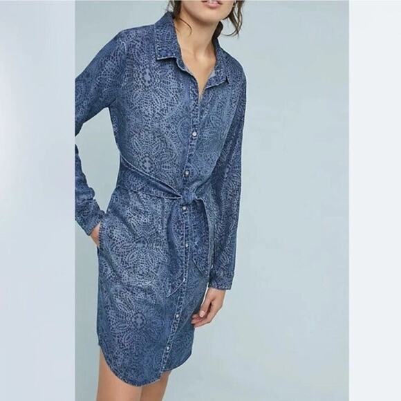 ANTHROPOLOGIE CLOTH & STONE PRINTED CHAMBRAY BUTTON DOWN SHIRT DRESS SMALL - Picture 1 of 8